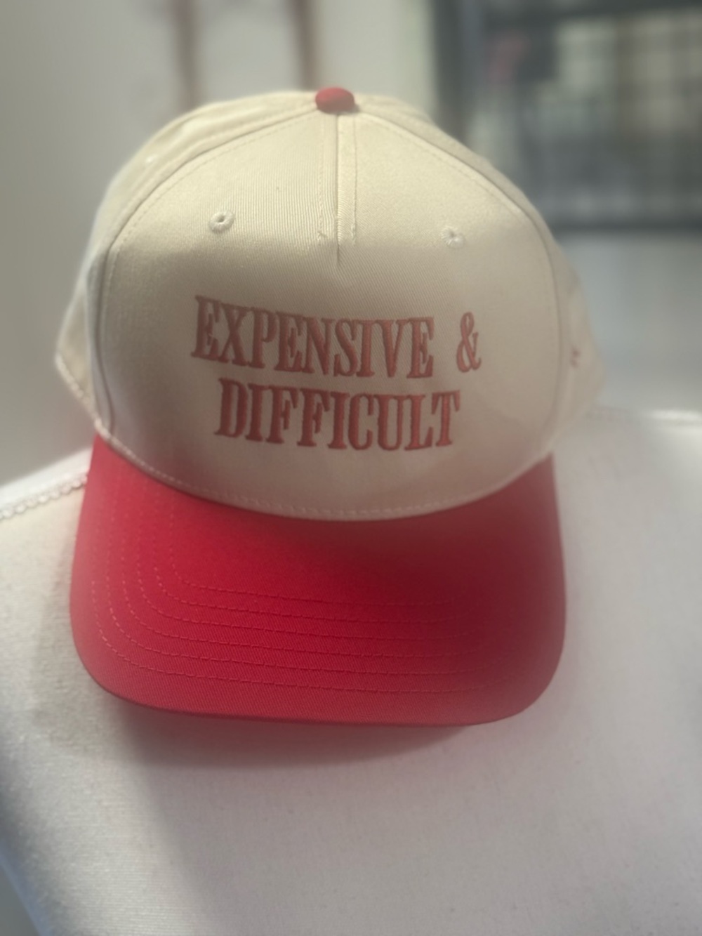Expensive & Difficult Red and Cream Embroidered Trucker Hat